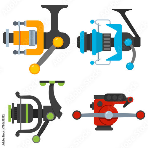 Fishing spinning reels vector cartoon set isolated on a white background.