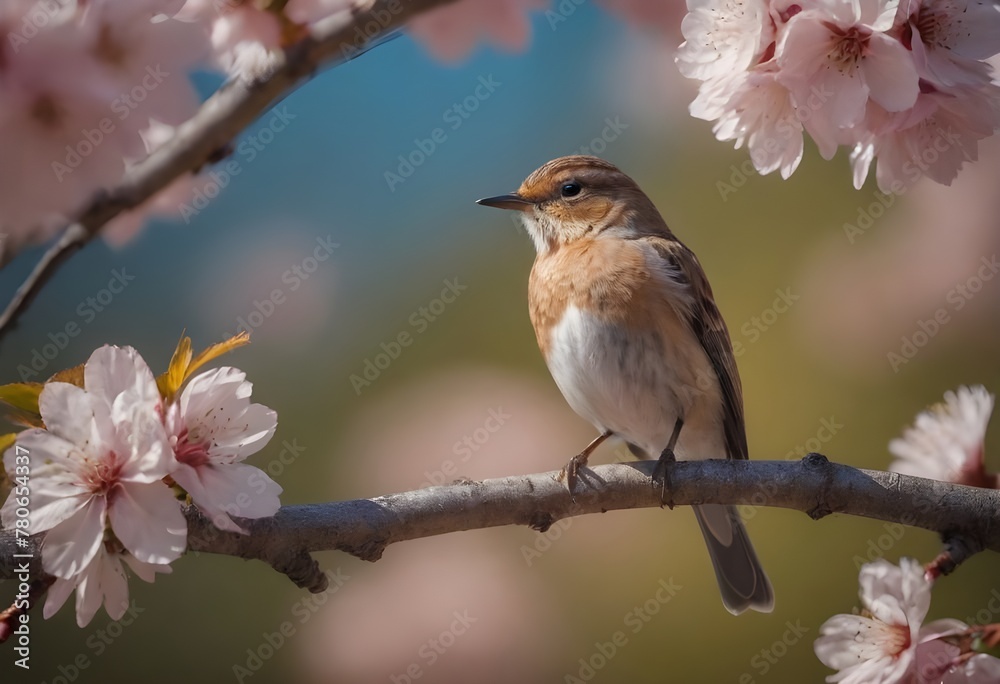 Vibrant Pink and Blue Bird Perched Among Spring Cherry Blossoms in Full Bloom Vibrant Pink and Blue Bird Perched Among Spring Cherry Blossoms in Full Bloom