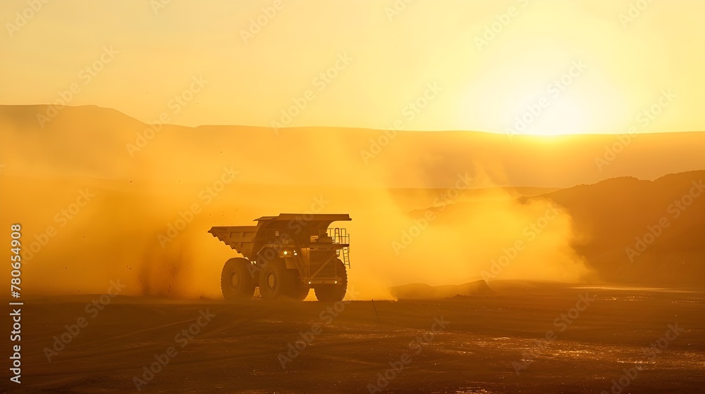 Massive Yellow Mining Truck in Dusty Sunset Worksite
