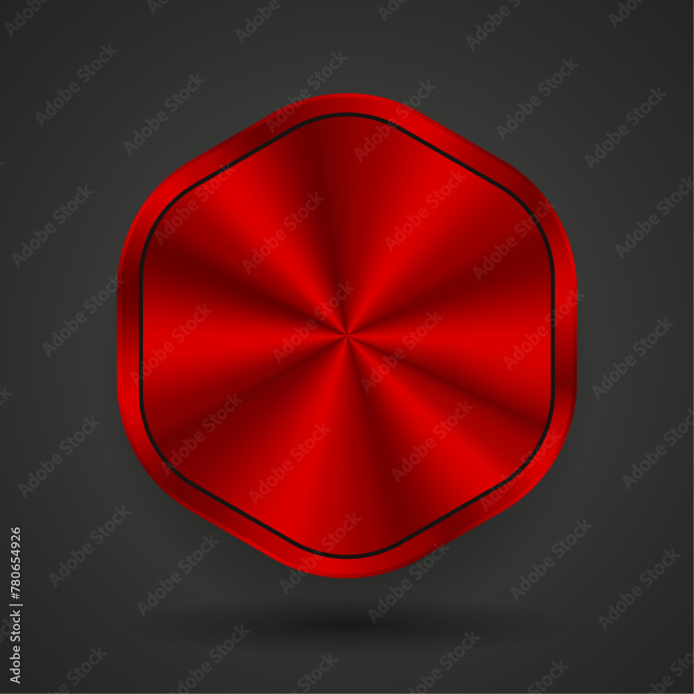 Hexagon shapes Red Abstract button, red blank button template with red metal texture-chrome, silver, steel, realistic metralic and gradient dark background