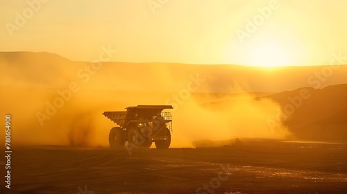 Obraz na płótnie Massive Yellow Mining Truck in Dusty Sunset Worksite w salonie