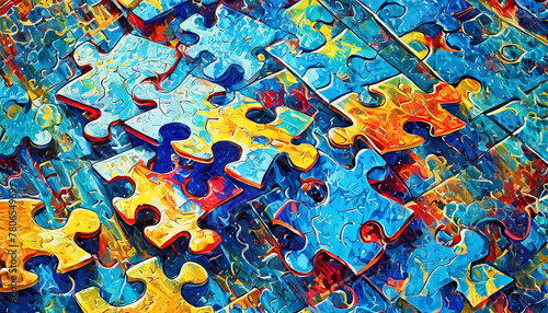 vibrant stack of colorful puzzle pieces creates a visual arts masterpiece in electric blue. This artistic composition showcases the world of art and design in a unique pattern