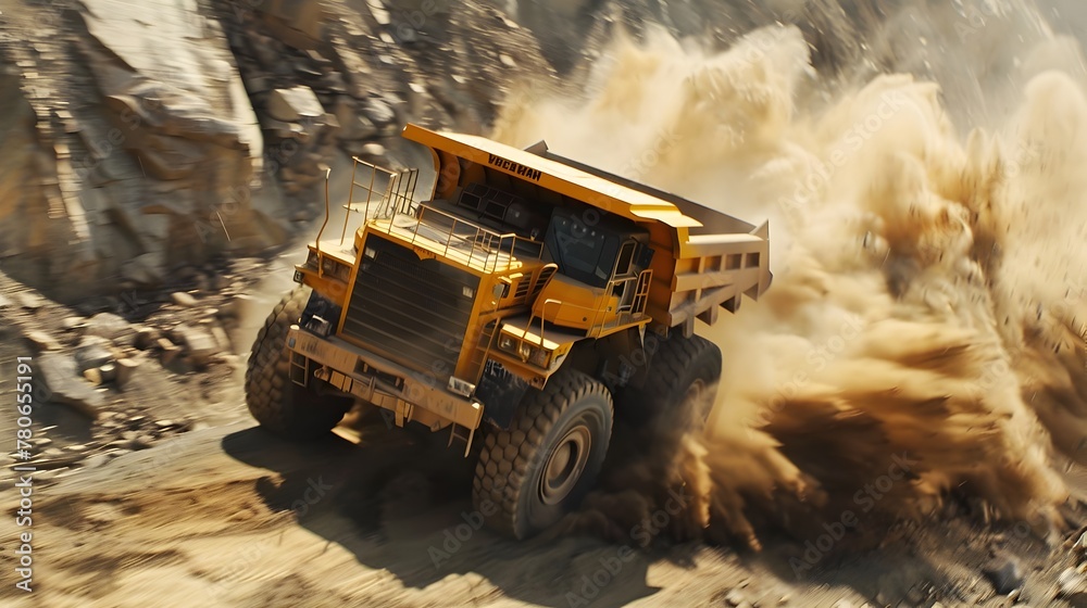 Powerful Mining Truck Speeding Down Rugged Gravel Path Kicking Up Dusty Cloud Powerful Mining Truck Speeding Down Rugged Gravel Path Kicking Up Dusty Cloud