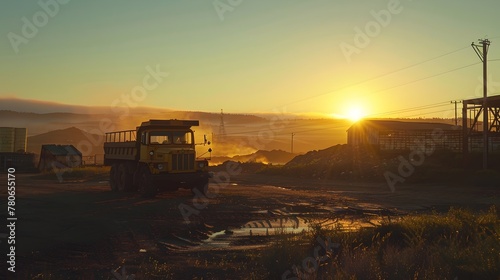 Solitary Yellow Mining Truck at Sunrise in the Rugged Landscape