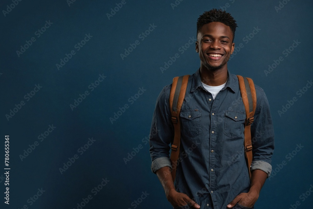 Obraz premium American-African male individual with smile on face next to empty space on dark blue background. Young handsome student wearing t-shirt and jeans, wearing a backpack.