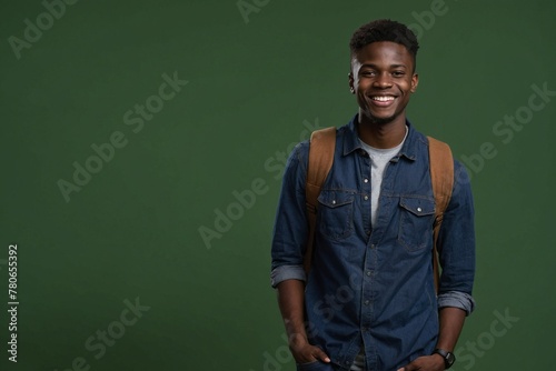 American-African male individual with smile on face next to empty space on dark green background. Young handsome student wearing t-shirt and jeans, wearing a backpack.