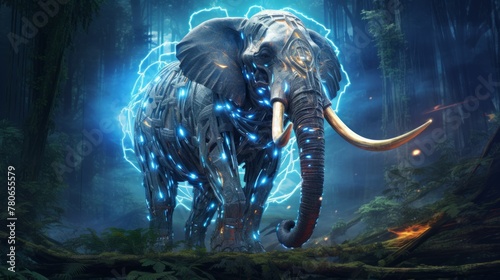 A futuristic portrayal of an Ice Age mammoth decorated with glowing cybernetic enhancements, surrounded by a technologically advanced jungle photo
