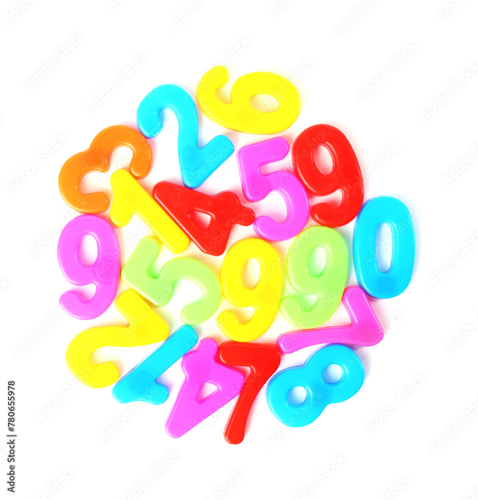 Colorful numbers on white background, top view Colorful numbers on white background, top view