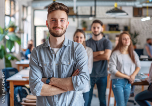 Happy young business man standing in front of his team with casual working together on project at office