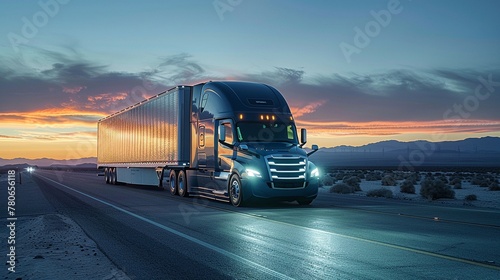 Document an autonomous truck transporting goods on a long-haul route photo