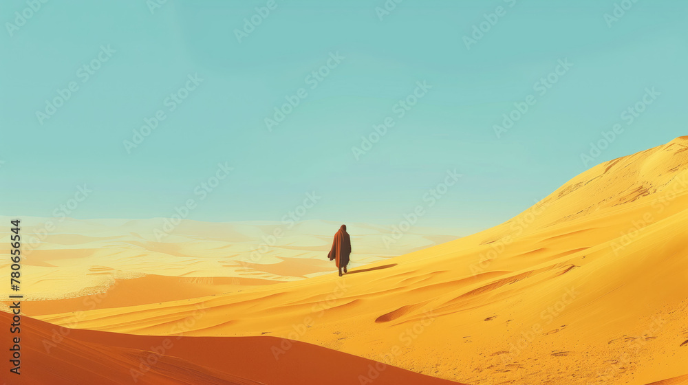 Silhouette of lonely man standing in hot desert