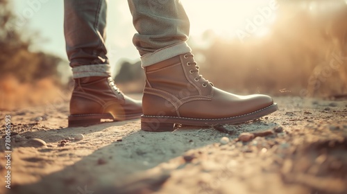 a man's feet from the side, walking on a sandy road in a stylish, modern style, quality buffalo leather boots photo