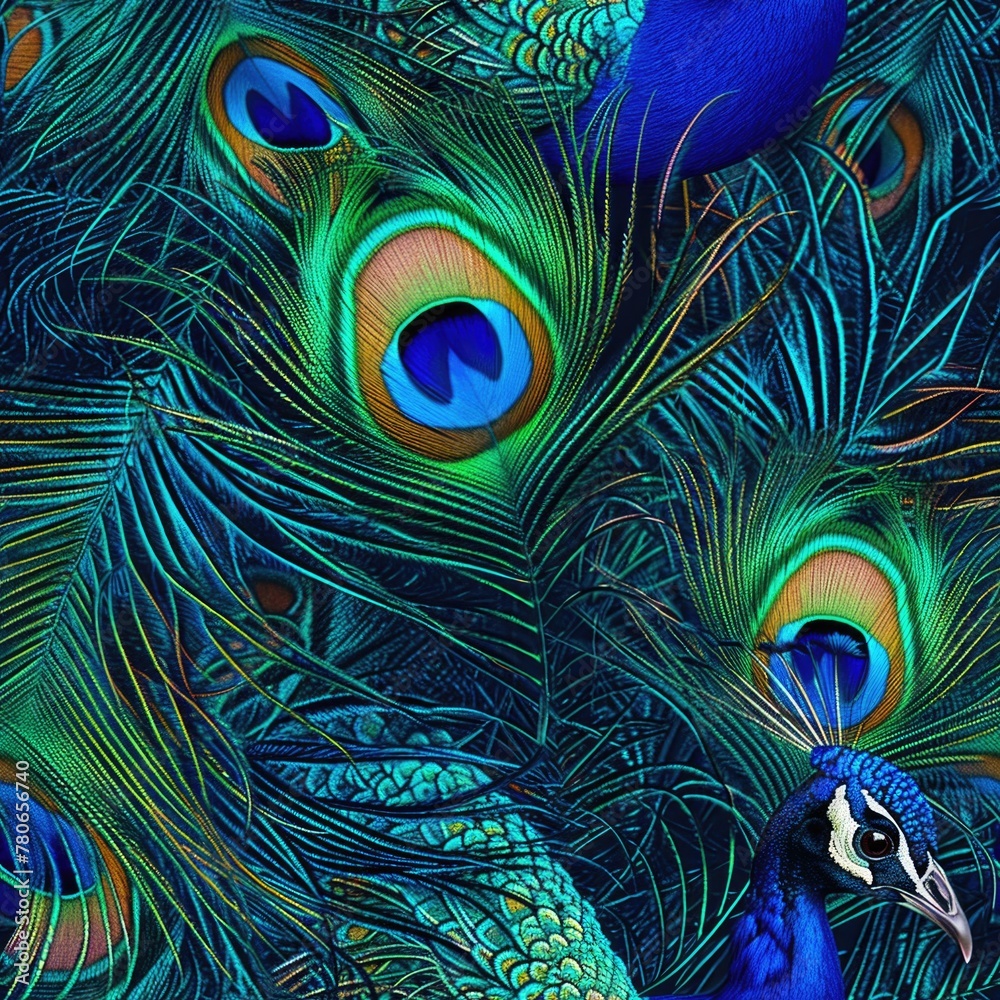 Obraz premium Peacock feathers with vibrant blue and green. seamless