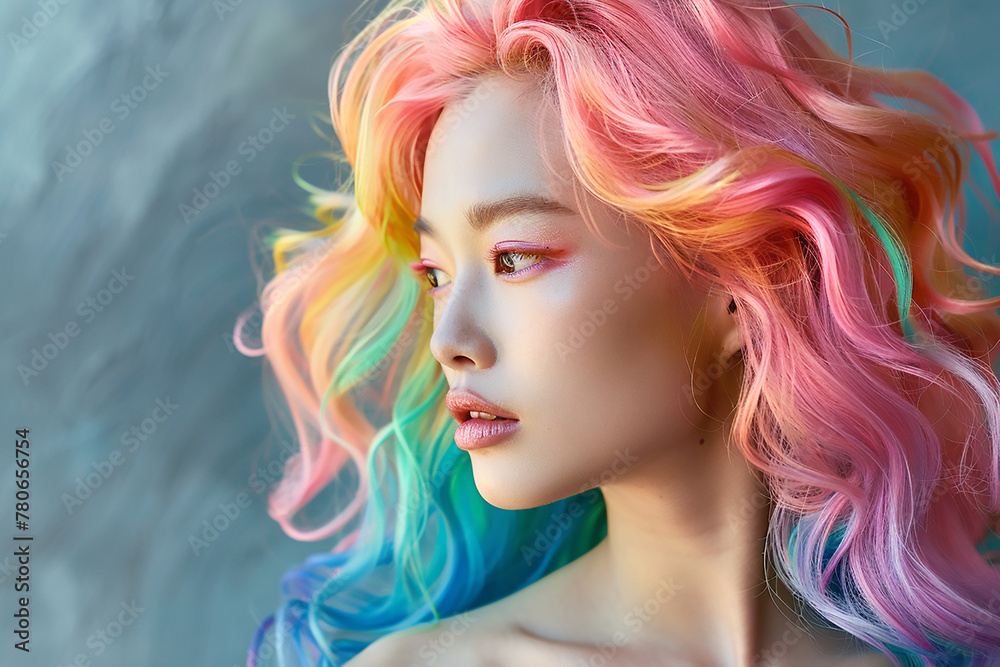 Portrait of a beautiful asian girl with rainbow neon hair style Portrait of a beautiful asian girl with rainbow neon hair style