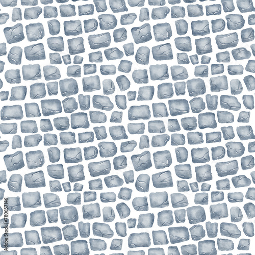 Seamless pattern of street paving stones. Watercolor illustration .Gray cobblestone pavement on white background.Hand-painted stone texture.For backgrounds, wallpapers, textile, covers and packaging.