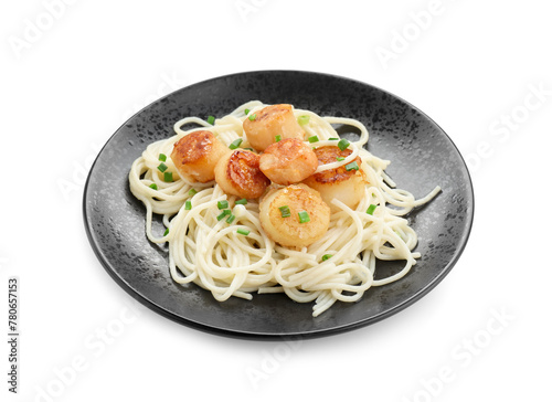 Delicious scallop pasta with green onion in plate isolated on white