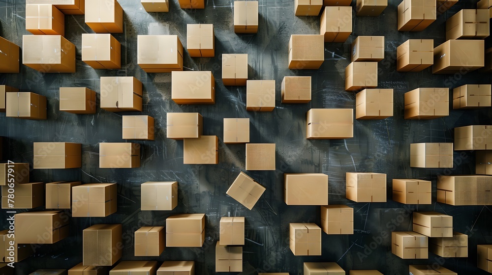 Abstract composition of randomly scattered brown cubes on a solid grey background. Abstract composition of randomly scattered brown cubes on a solid grey background.