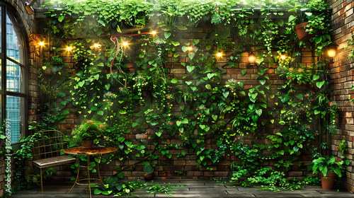 Vintage Brick Wall Overgrown with Green Ivy, Adding a Touch of Natures Beauty to the Architectural Background