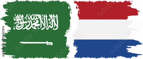 Netherlands and Saudi Arabia grunge flags connection vector