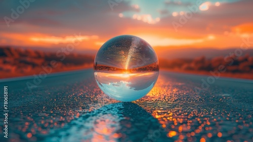 A 3D vector illustration of a Christmas glass ball reflecting a serene road at sunset