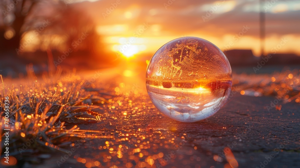 A Christmas glass bubble reflecting the sunset on a road, the scene slightly blurry A Christmas glass bubble reflecting the sunset on a road, the scene slightly blurry