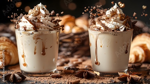 Large Splashes of Cappuccino, Milk, and Liquid Chocolate from Two Glasses on a White Background