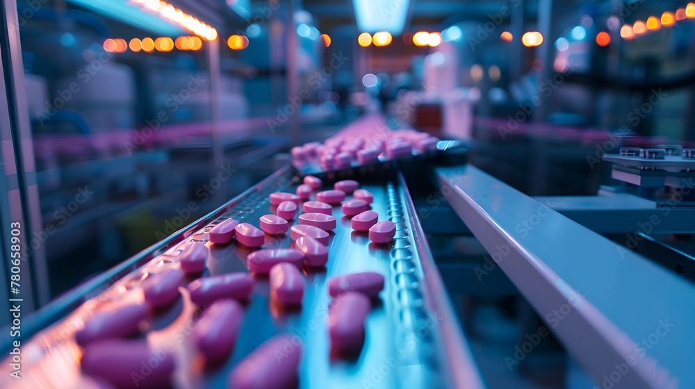 Automated Pharmaceutical Production Line with Capsules and Tablets Under Bright Sterile Lights