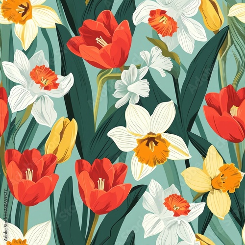 Pattern of colorful tulips and daffodils on a spring-themed background, seamless © thesweetsheep