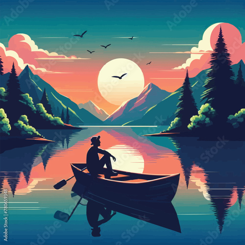 free vector Man on the boat at the evening landscape photo