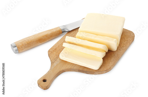 Board with tasty cut butter and knife isolated on white