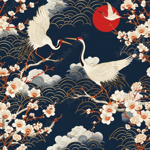 Traditional Japanese crane bird and cherry blossoms. seamless pattern
