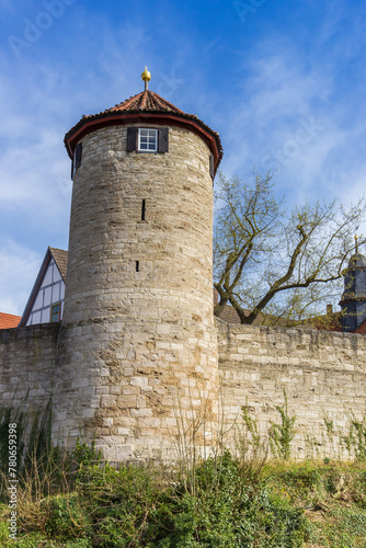 Round Hospital Tower in the surrounding city walls of Muhlhausen, Germany