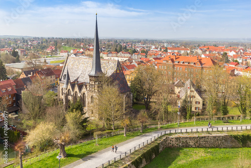Aerial view of the historic St. Petri church in Muhlhausen, Germany