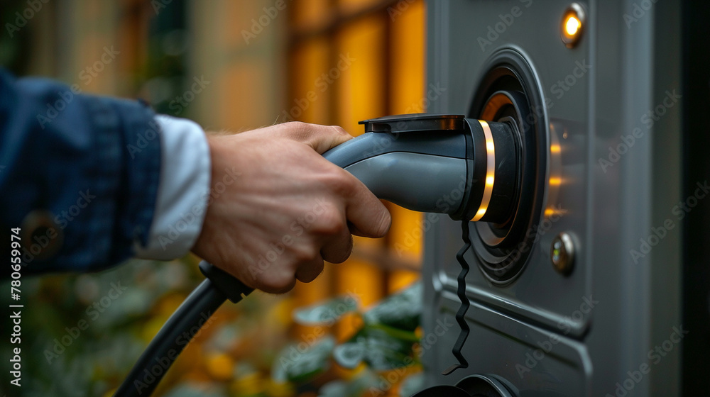 Hand holding a plug for electric car charging at stations outdoors Hand holding a plug for electric car charging at stations outdoors