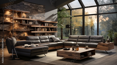 Modern living room interior design with a sofa  wine bottles  and wine racks on the wall.