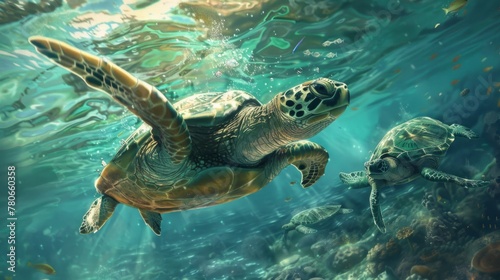Photorealistic depiction of turtles swimming underwater, AI Generative.