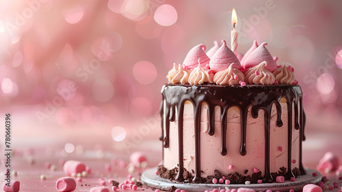Elegant birthday cake with pink meringue kisses, dripping chocolate ganache, and a lit candle, set against a festive bokeh background.