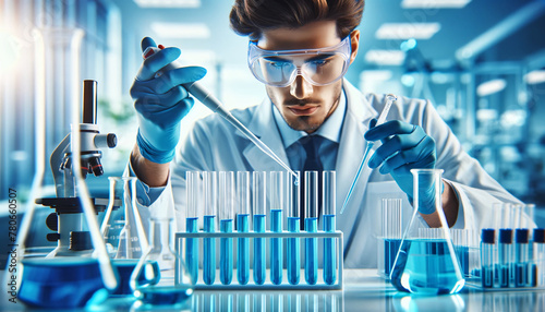 A male scientist in a lab, focused on his work. He wears a white lab coat, safety goggles, and is handling a pipette