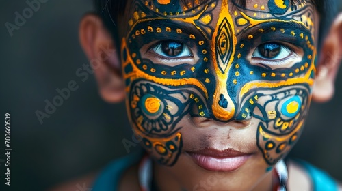 Captivating Portrait of Intricately Painted Asian Boy with Sparkling Mischievous Eyes photo