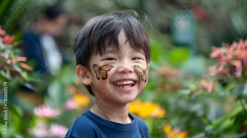 Joyful Asian Boy with Butterfly Face Paint Amid Blooming Garden