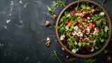 a colorful vegetable salad with beets, arugula, nuts, and feta cheese, presented in a handmade pottery dish, Generative AI