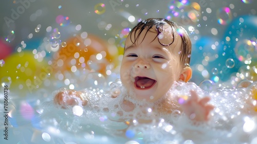 Gleeful Baby Splashing in Colorful Bubble Bath,Laughter Echoing in the Air
