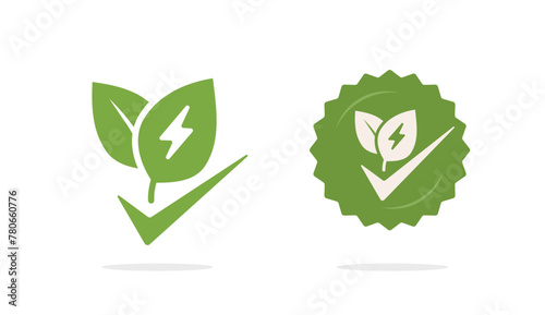 Green eco natural energy label sticker icon vector graphic set, sustainable renewable electric thunderbolt leaves plant logo rosette sign symbol image clipart