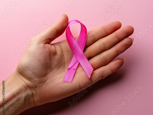Hand holding pink awareness ribbon on pink background