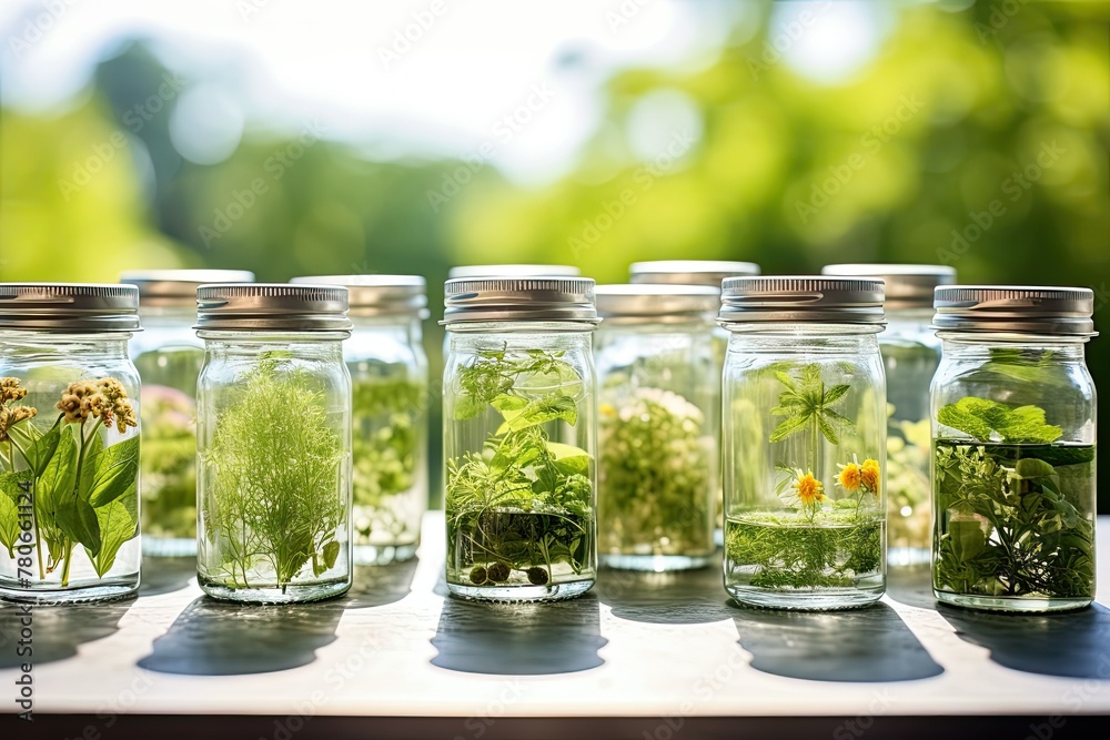 Glass jars with different herbs lined up in front of greenery Glass jars with different herbs lined up in front of greenery