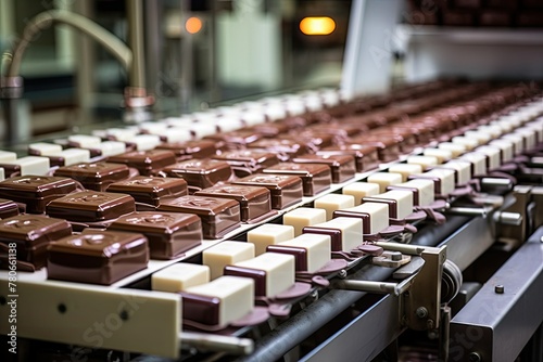 Chocolate factory production line with chocolates on conveyor belt