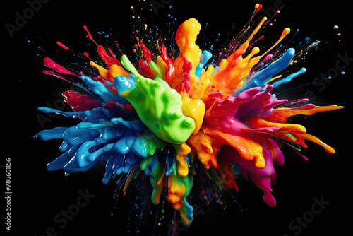 Explosion of colorful paint splashes on black background
