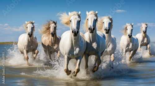 Herd of white horses running in water