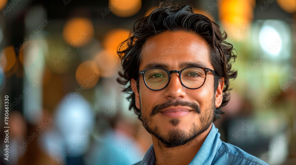 Creative Hispanic male with glasses, Casual professional in urban cafe Creative Hispanic male with glasses, Casual professional in urban cafe