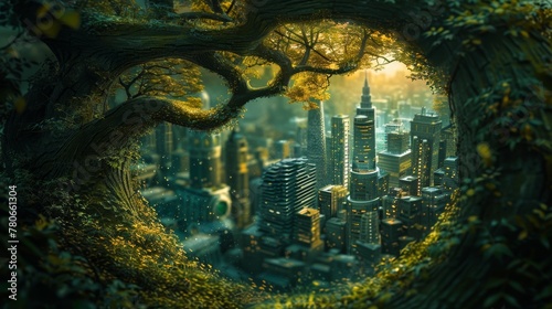 A fantastical image of a spiral green world, containing a cityscape inside an eggshell